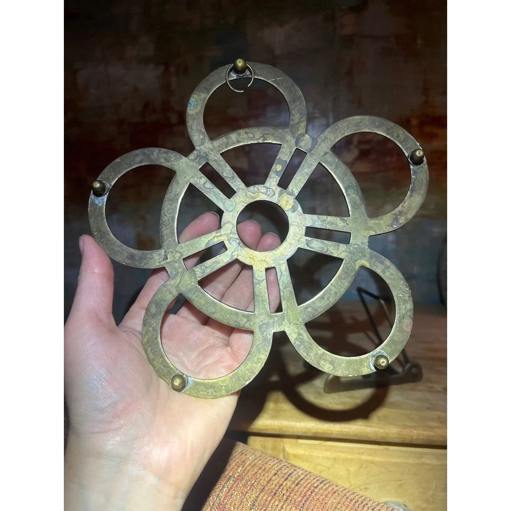 Vintage Solid Brass Flower Trivet Footed Wall Hanging Decor 7.75 Inch Patina